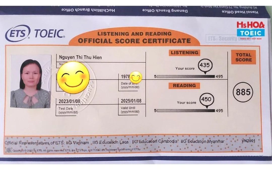 Bảng điểm chứng chỉ tiếng Anh TOEIC thể hiện điểm nghe đọc