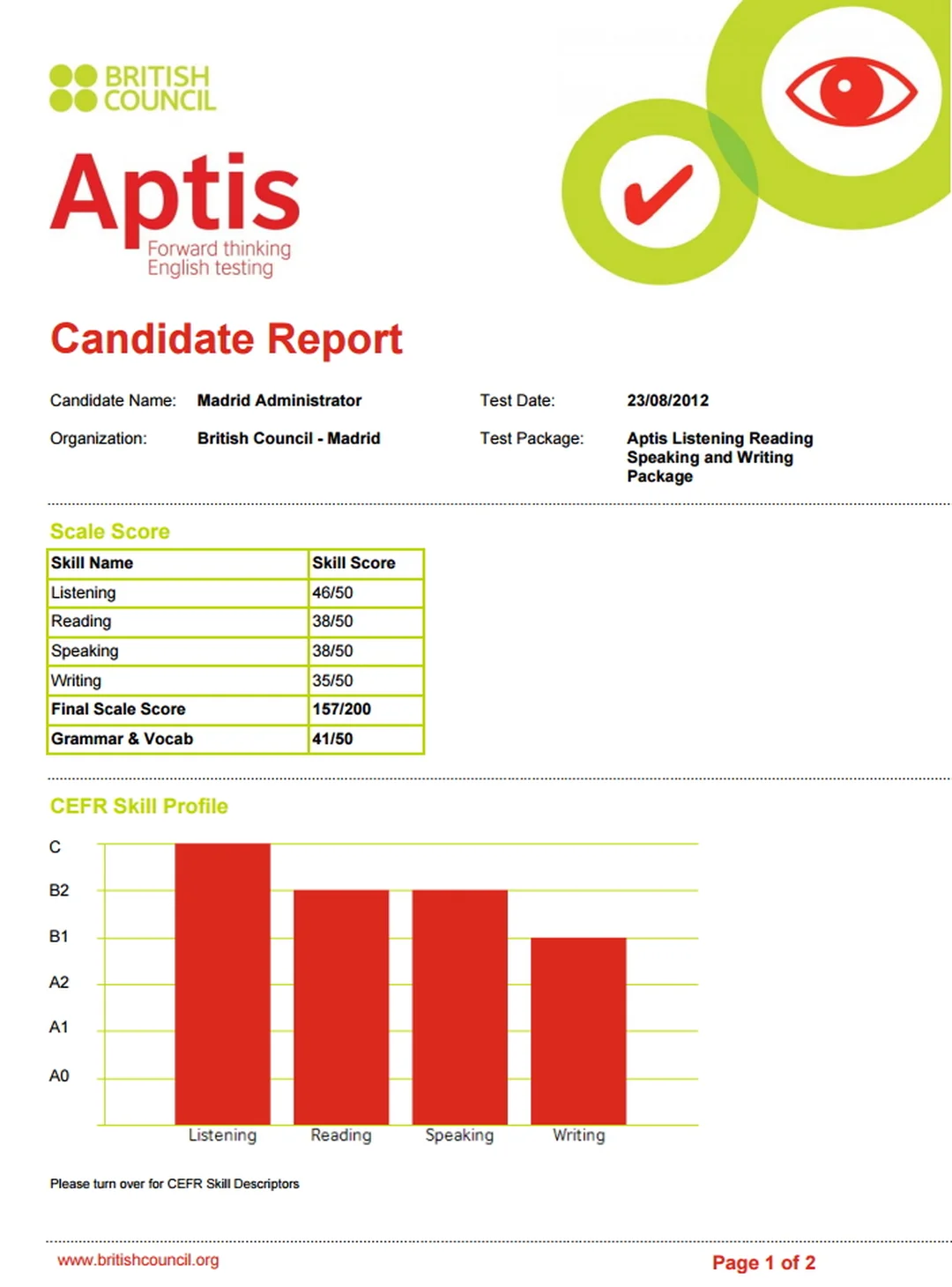 Phiếu điểm Aptis Candidate Report thi aptis bách khoa với phiếu điểm Aptis Candidate Report