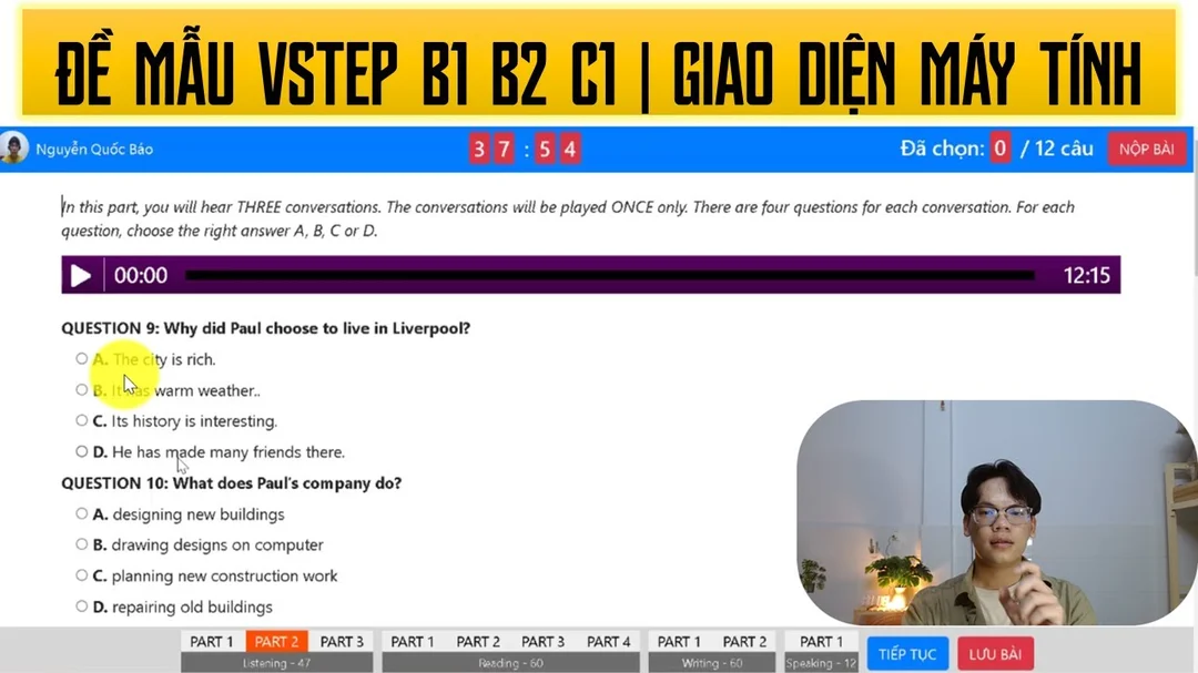 Video hướng dẫn giao diện thi VSTEP B1 B2 C1 trên máy tính