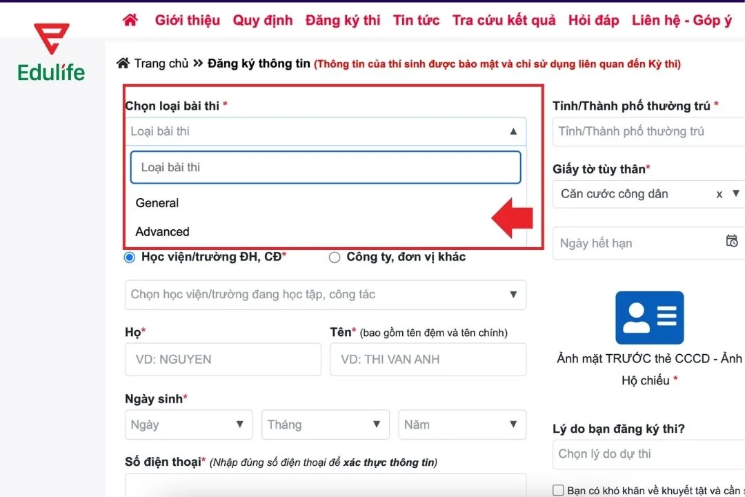 Chọn loại bài thi General hay Advanced